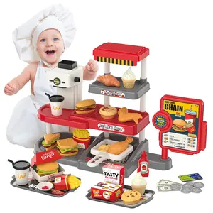 EPT New Pretend Play Mini Simulation Hamburger Coffee Machine Cake Lighting Fast Food Kitchen Toy Set