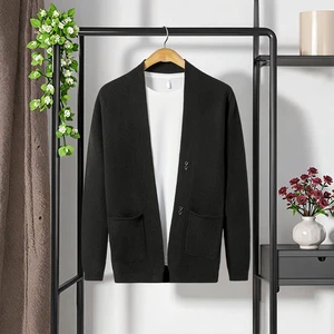 Men's Winter Non-Iron Anti-Pilling Solid V-Neck Single Breasted Full Sleeve Fashion Business Wool/Viscose Cardigan Sweater