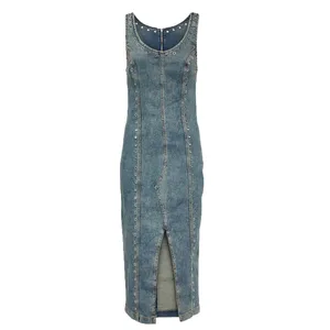 Custom wholesale women's summer new embellished denim midi dress long denim midi dress