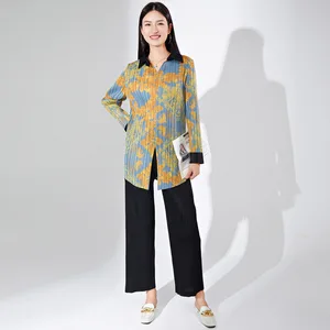 Pleated Clothing Set Women Autumn Printed Shirt and Straight Pants Loose Casual Pleated Woman Clothing Sets Two Piece