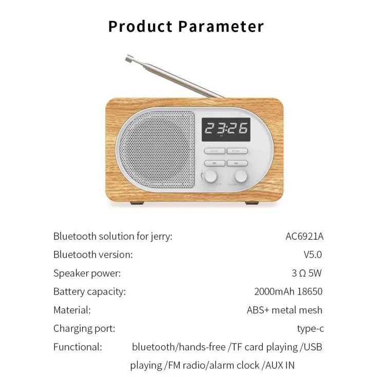 Desktop FM Alarm Clock BT 5.0 Wireless Speaker