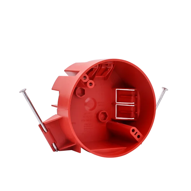 Red 18 Cu. In. Round New Work Electrical ceiling fan junction box for Wood Studs