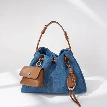 2025 New Denim Series Handbag with Genuine Leather Design High-End Fashion Simplicity Zipper Closure