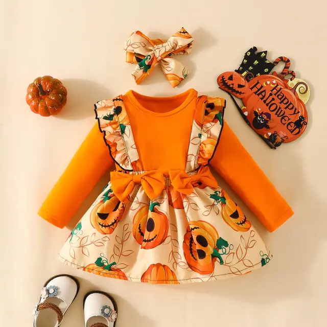 Halloween Baby Girl Outfits Newborn Ruffle Romper Long Sleeve Bodysuit Bowknot Pumpkin Suspender Skirt with Headband