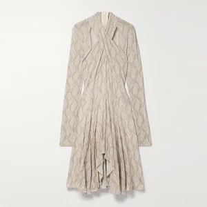 Clothing Manufacturer Custom Spring Autumn v Neck Long Sleeve Cut Out Pleated Print Stretch Plain Elegant Women Casual Dress