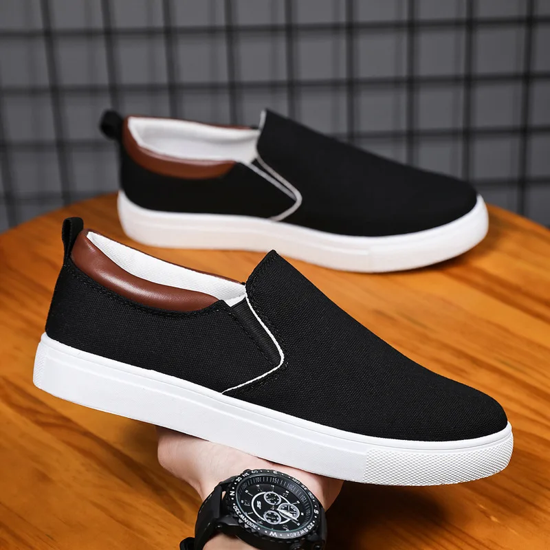 Elegant Mens Black Plain Canvas Slip-on Flat Loafer Shoes