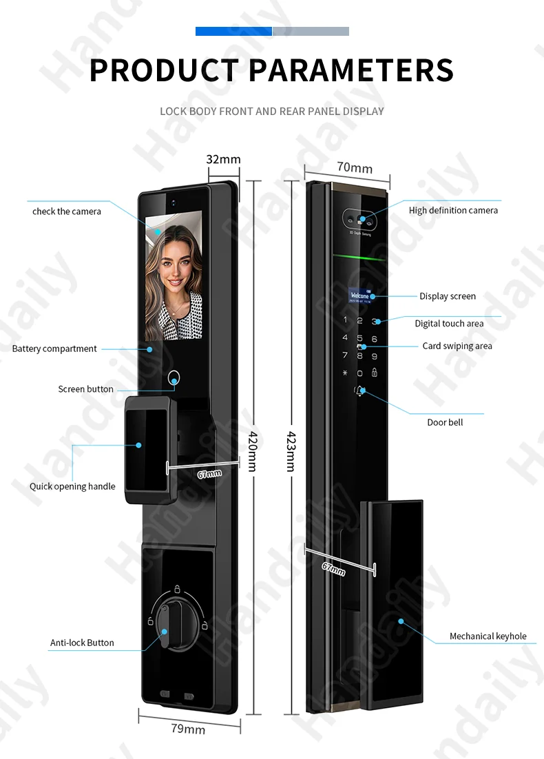 handaily video intercom tuya palm vein smart door lock smart door lock fingerprint password cerraduras for main gate p70-9