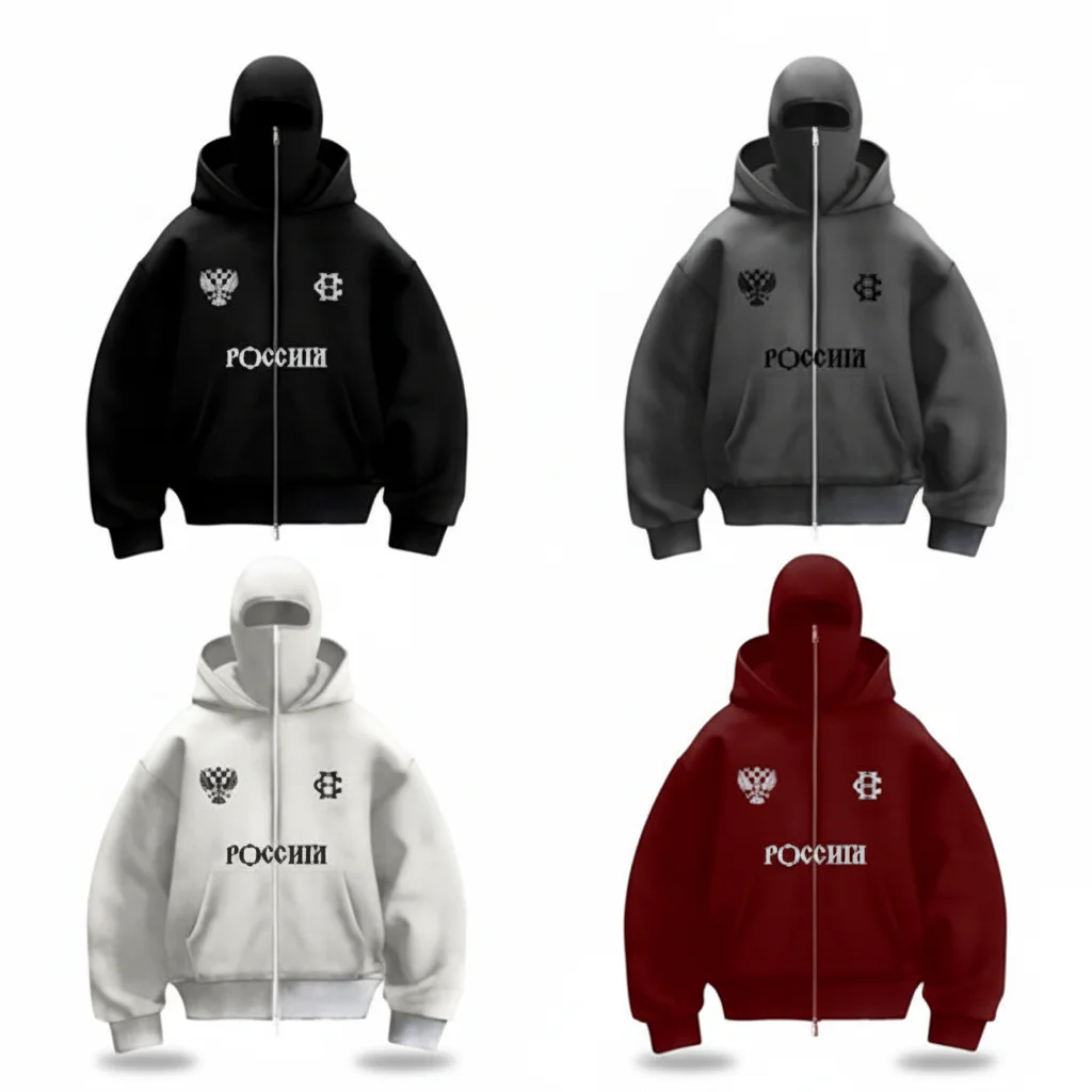 Russia Mask Zip Hoodie Balaclava Hoodie Men's Oversized 360g Hoodie Autumns Solid Color Boxy Pullover Sweatshirt