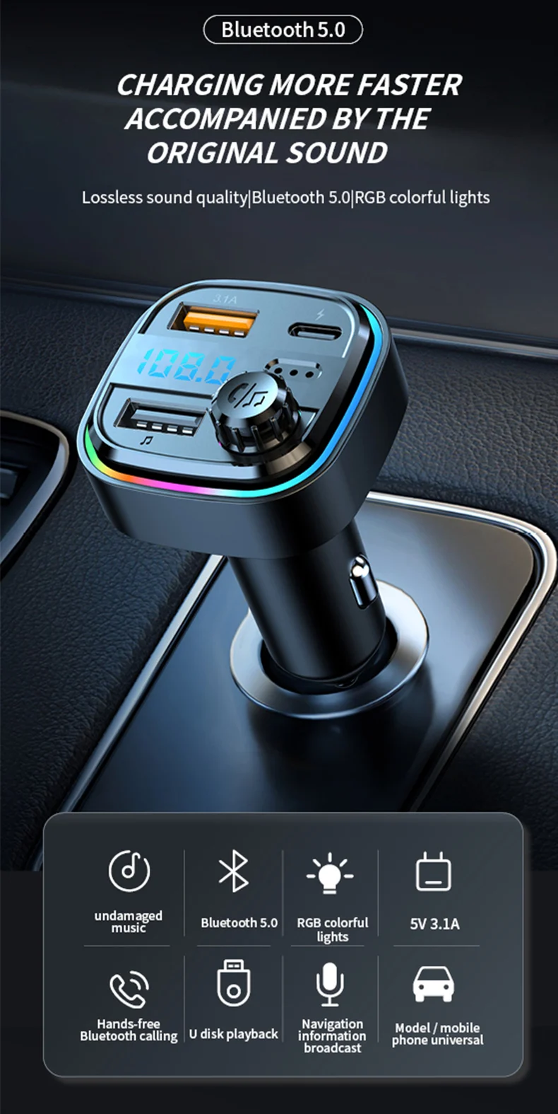 Bluetooth 5.0 Wireless FM Transmitter Q9 Car Bluetooth MP3 Hands