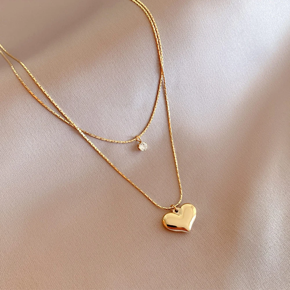 Double Layer Chain Charm Jewelry Cubic Zirconia Stone Gold Plated Necklace  Stainless Steel Love Heart Necklace - Buy Stainless Steel Double Layer