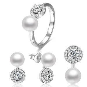 925 Sterling Silver Pearl Jewelry Set Aaa Cubic Zirconia Freshwater Pearl White Gold Jewelry Sets Women
