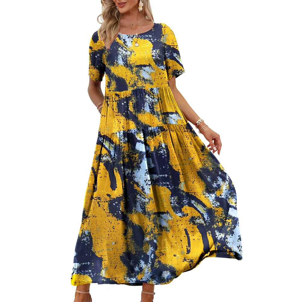 Women Casual Loose Bohemian Floral Maxi Dress With Pockets Short Sleeve ...