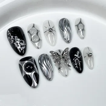 Almond nails simple metal hand-painted ins style premium sense of darkness sweet cool spicy girl handmade wear nails