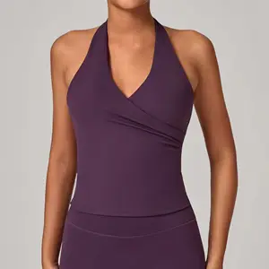 Solid Women's Halter Crop Top V Neck  Workout Going Out Tank Top Hazel Padded Sleeveless Backless Tight-fitting Vest