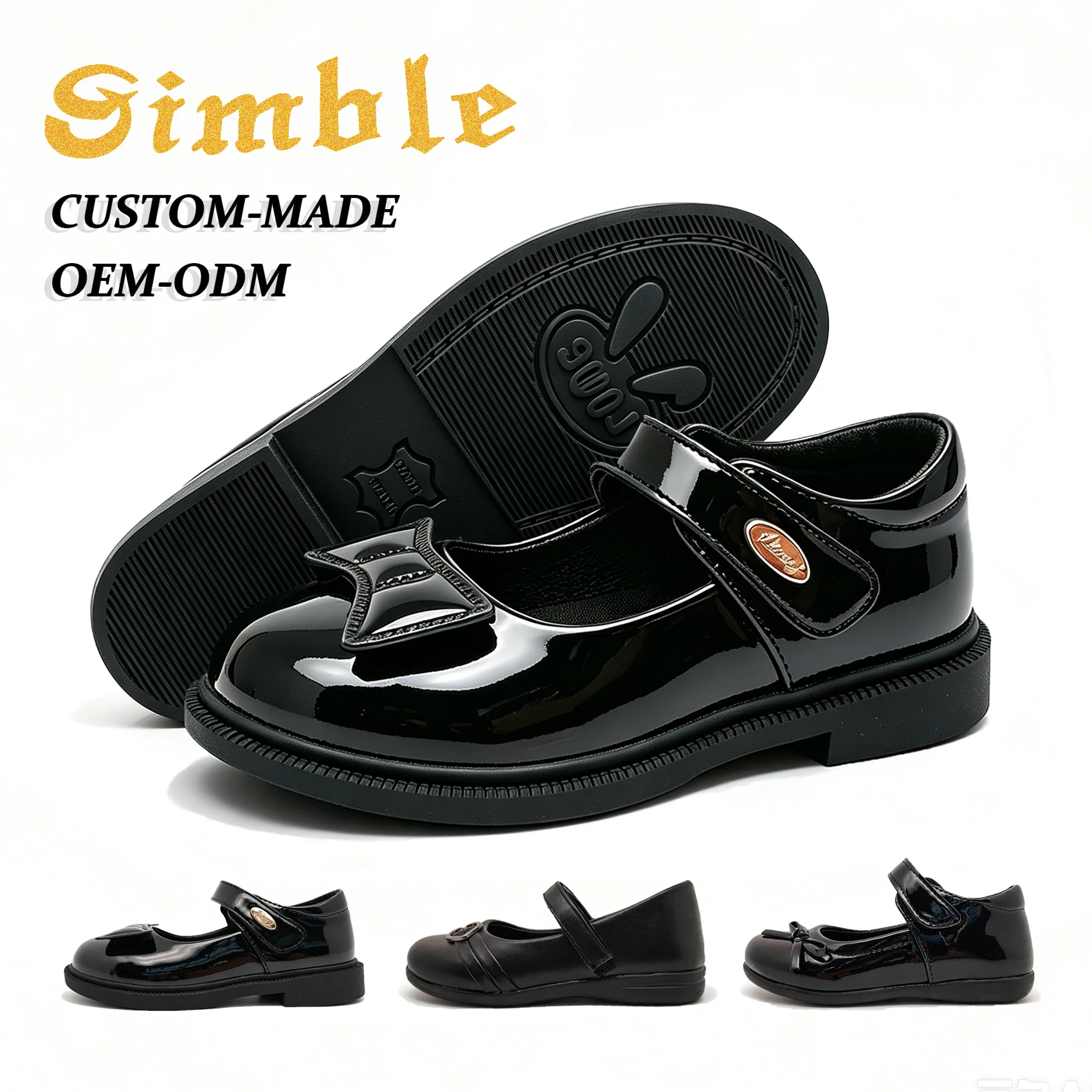 Factory Customized Black School Shoes Design Comfort Cute Rubber Glossy PU Leather with Bow Girls Student Shoes