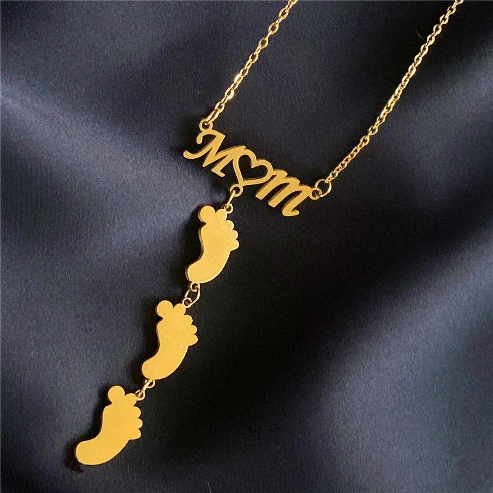 Mom Necklace Custom Baby Feet Engrave Initial Name Date Personalized