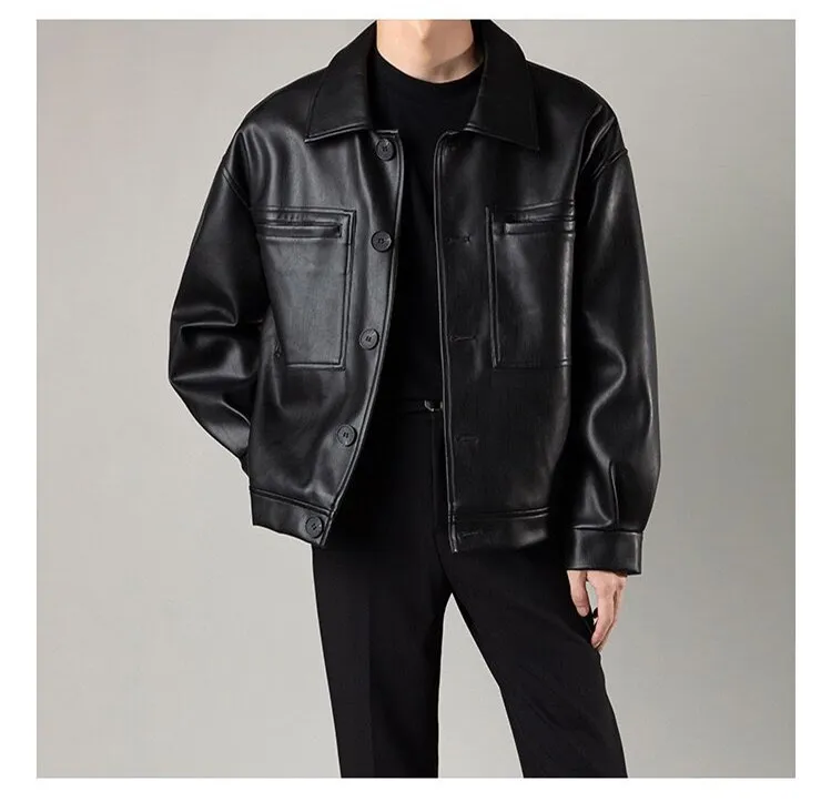 Men's Pu Leather Jacket Vintage Style Loose Fit Spring Autumn_voghion.com