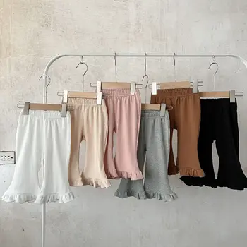 INS Korean Style Girls Baby Flared Pants for Spring and Summer Solid Color Elastic Lace Ribbed Leggings Ruffled Printed Pants