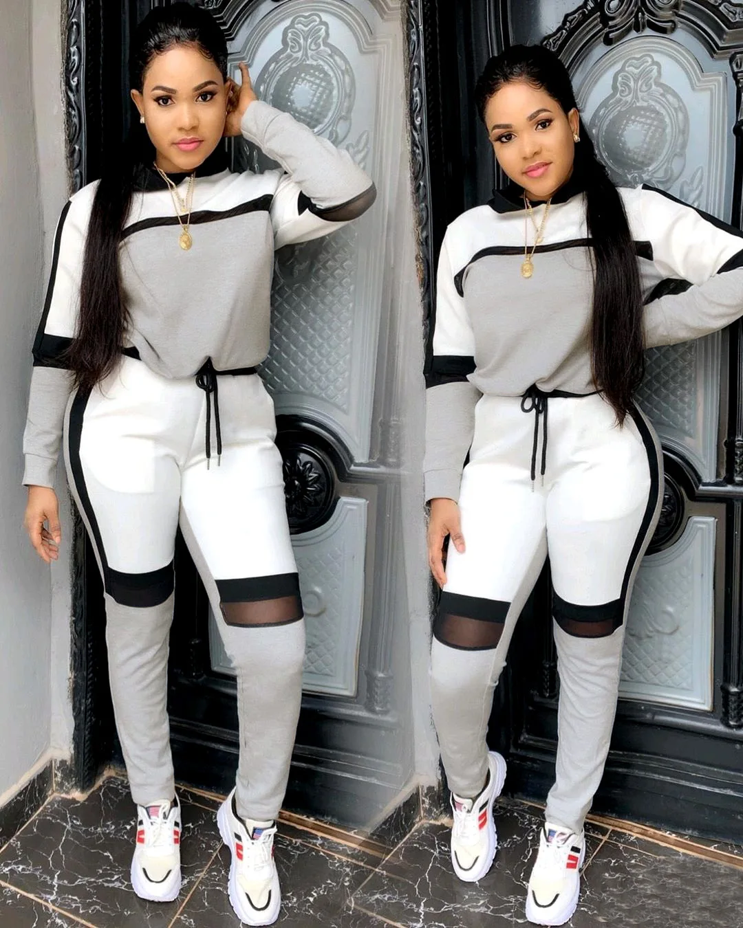 autumn clothing patchwork long sleeve two piece set women tracksuit