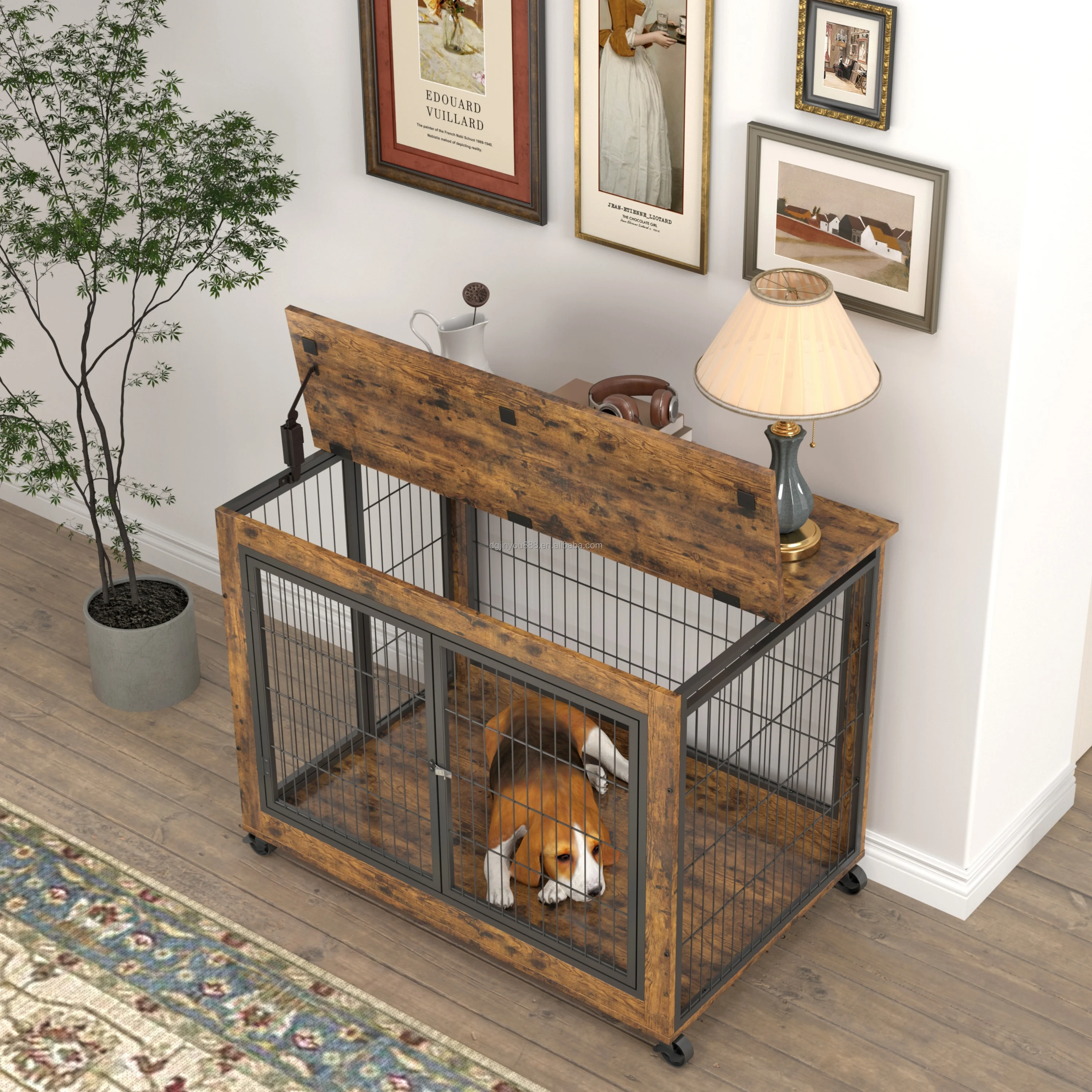 Large Dog Kennel Pet Cage End Table With 3 Doors Decorative Wooden ...