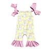 Yellow Easter Bunny Floral Bow Strap Ruffle Romper