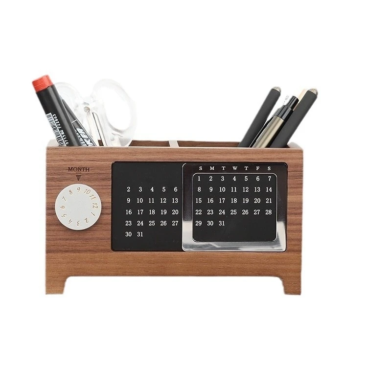 Multi-Function Calender 2 Compartment Dest Caddy Pen Storage Maple Pine Natural Wood Desktop Organizer Pen Holder