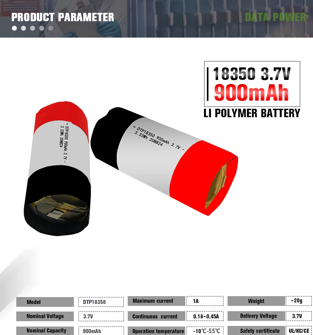 Cylindrical lipo battery 3.7V 18350 900mAh lithium polymer battery