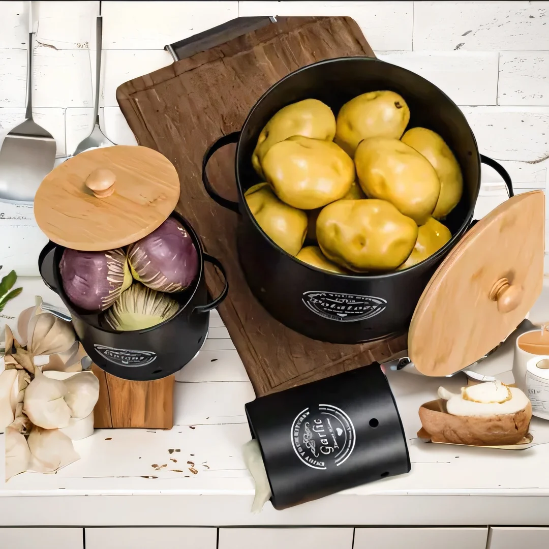 Stackable Steel Vegetable Storage Bins Metal Canisters Set Garlic Potato Onion Vegetable Keeper Storage Box Jars Set