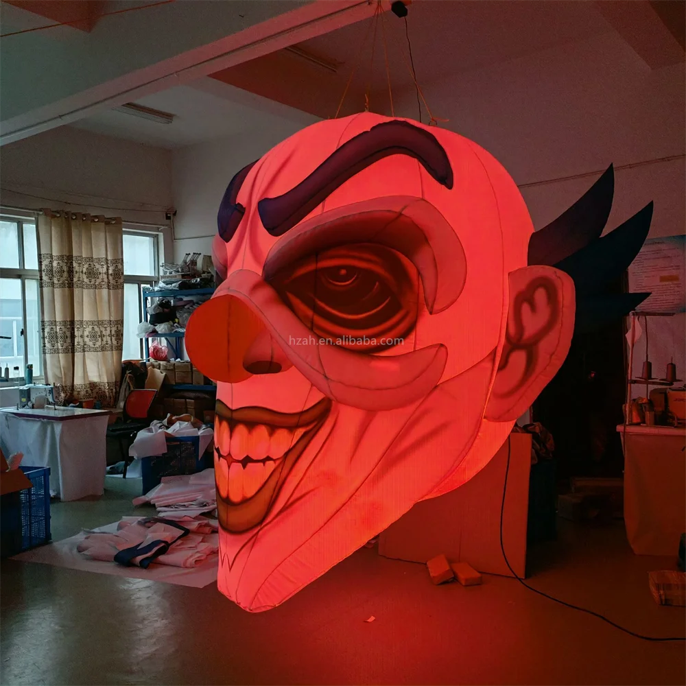 Halloween Inflatable Clown Decoration Light up Air-Blown Scary Clown with Led Lights Hanging Display