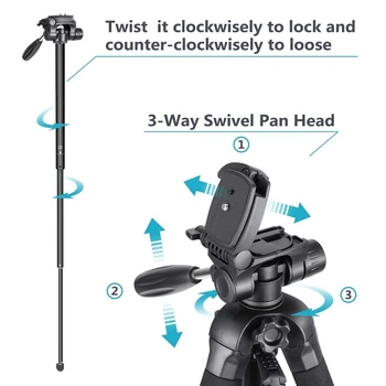 KP2264 360 Degree 3way Head Travel Phone Stand Aluminum Tripod Camera detail image