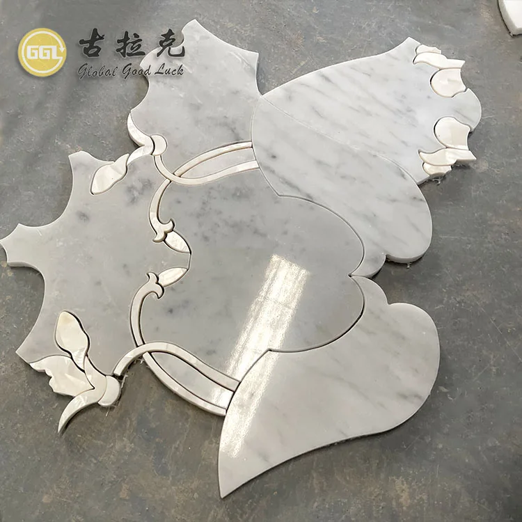 White Shell Inlay Marble Cararra White Waterjet Cutting Mosaic Tile for Living Space and Bathroom