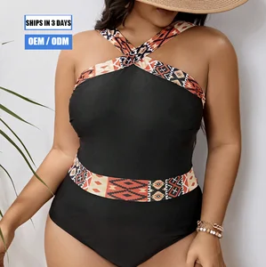 2026 Black One-piece Cross Design African Print Plus Size Beach Bikini Swimsuit for Plus-size Women.