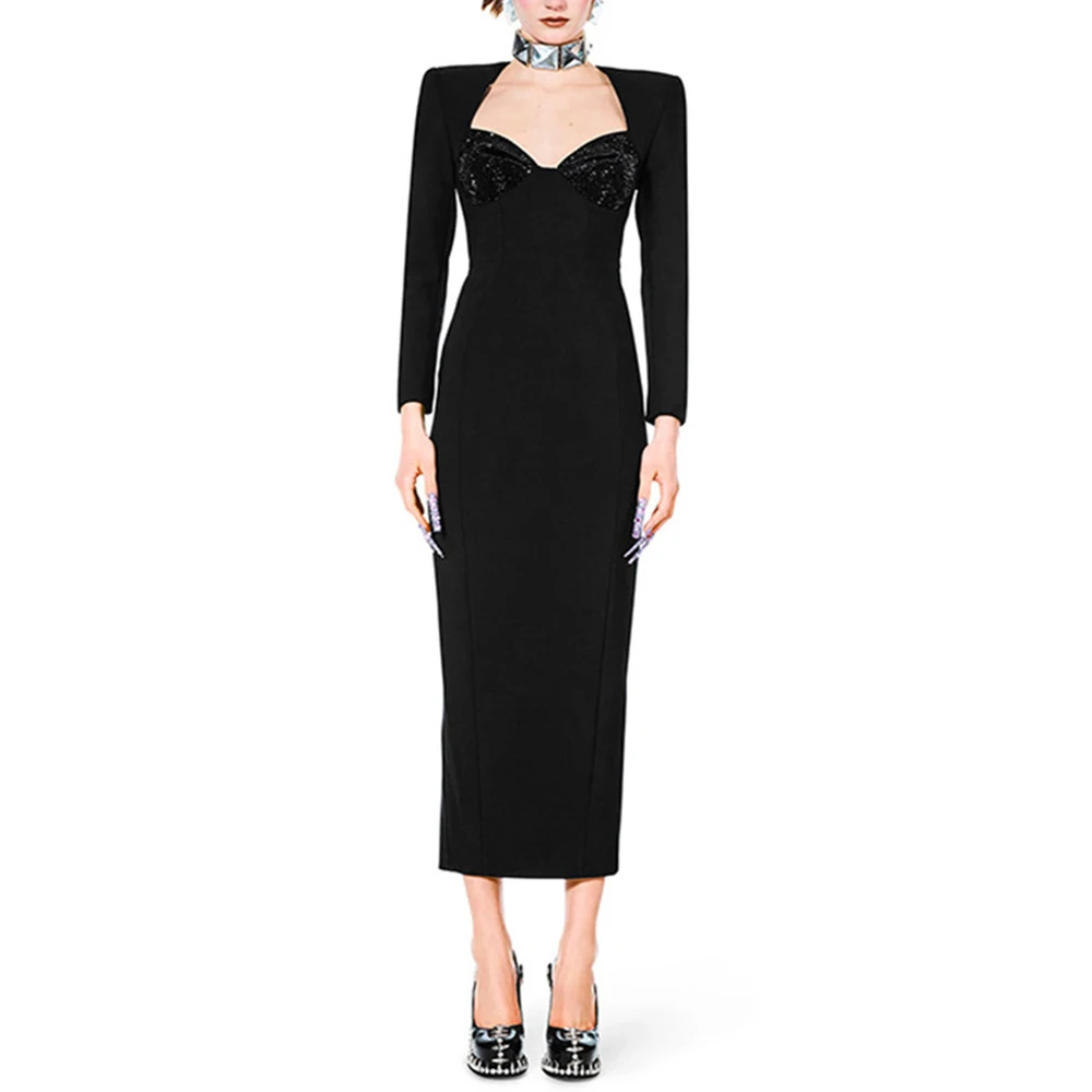 Sexy Ladies Black Long Sleeve Bandage Bodycon Midi Evening Dresses for Women