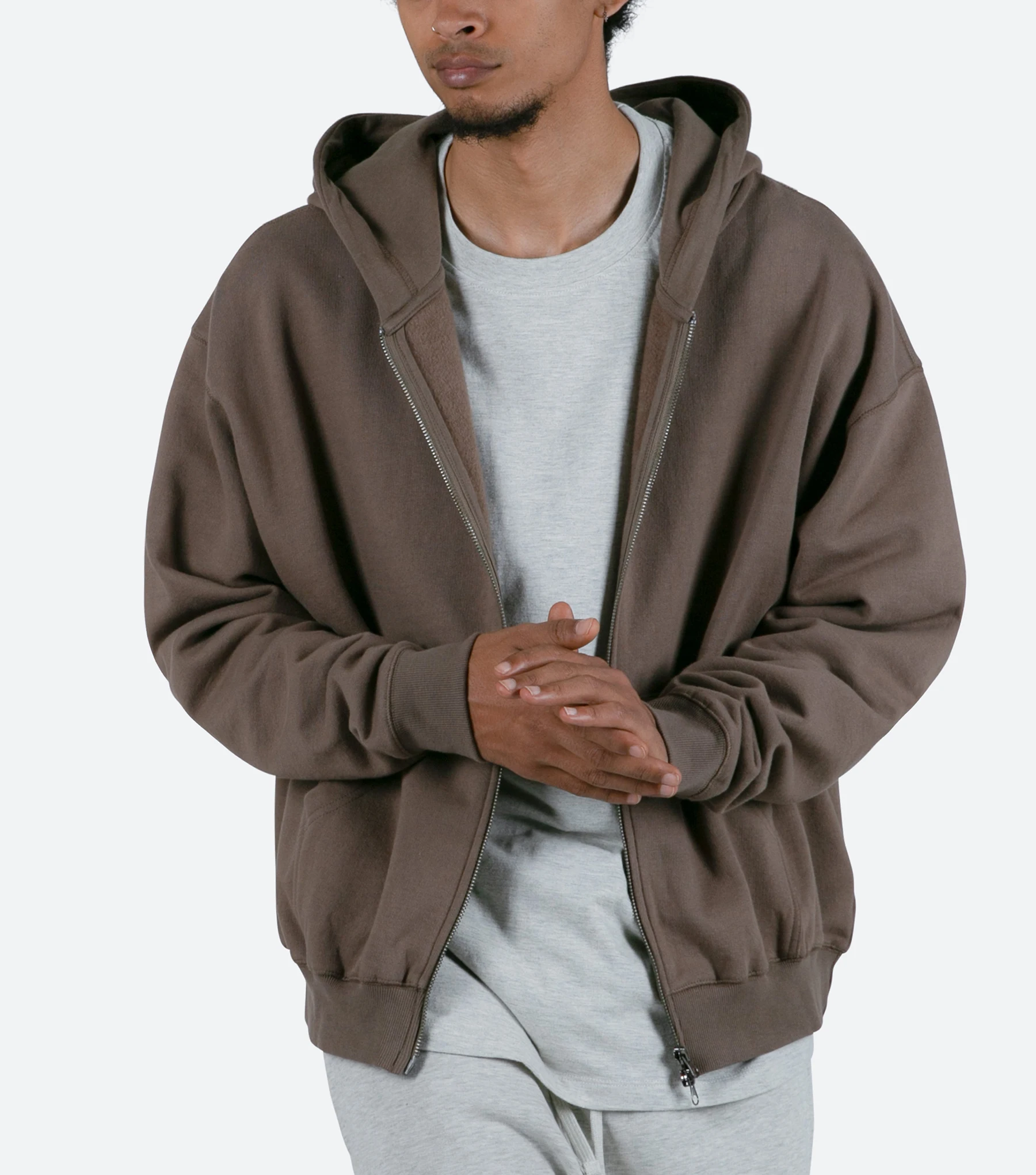 Hochwertiger schwerer grauer Hoodie mit durchgehendem Reiß verschluss  Herren Y2k Custom Raglan Brown Blank Doppel reiß verschluss Übergroßer