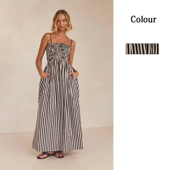 2024 European and American Spring/Summer striped printed elastic sexy swing pocket slip dress