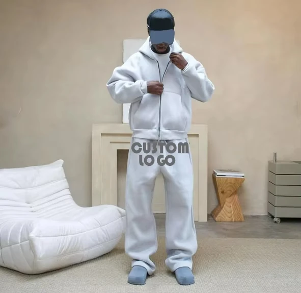 Custom Mens Tracksuit Flared Sweatsuit Sets 300-500gsm 100% Cotton Baggy Fleece Oversized Hoodie Jogger Set Tracksuit for Men details