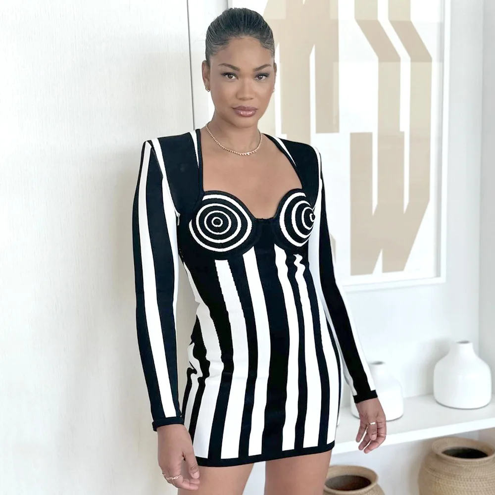 Black & White Vertical Striped Bandage Dress For Women