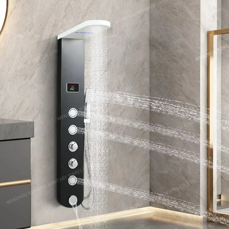 SS304 Stainless Steel Shower Panel Tower Black LED Digital Display Temperature Purite Body Massage Shower Stand Wall Conduit