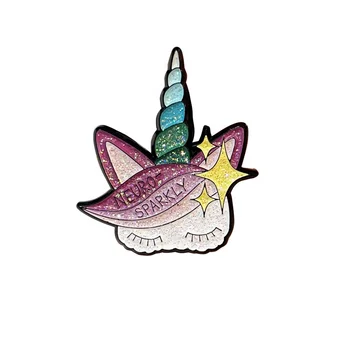 Black Dyed Metal Customized Soft Enamel Hat Pins Unicorn Logo Cute Mini Soft Badge With Glitter
