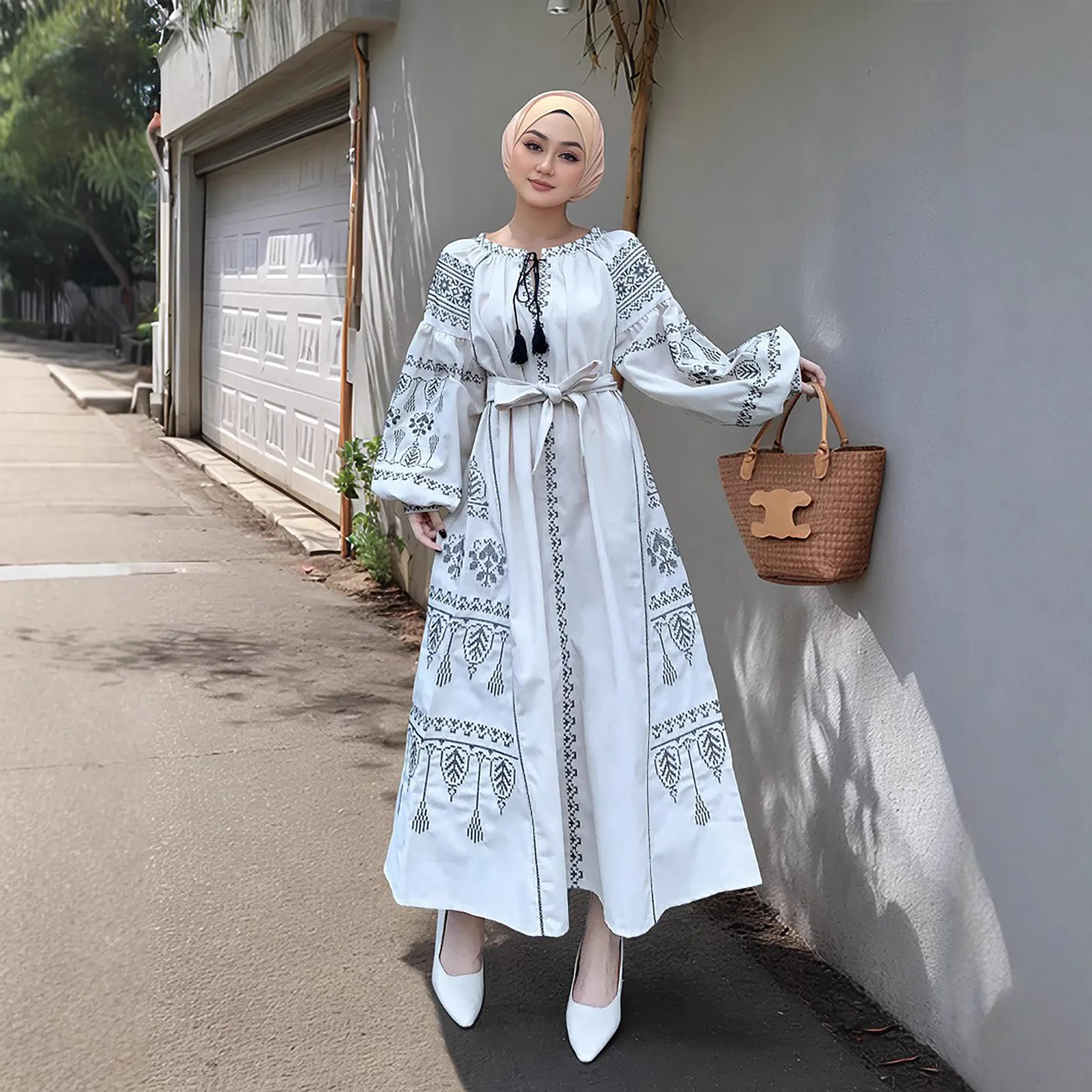 chinese dress ladies Midi Dress | LRI2025 Fit and Flare LWD-01 | Linen | Blue