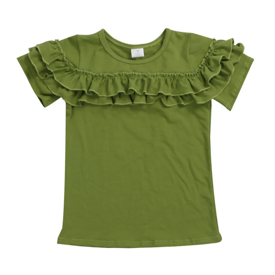Оптовая продажа, футболки для девочек, простые классические рубашки с оборками, детская одежда, футболка с коротким рукавом, топы из 100% хлопка