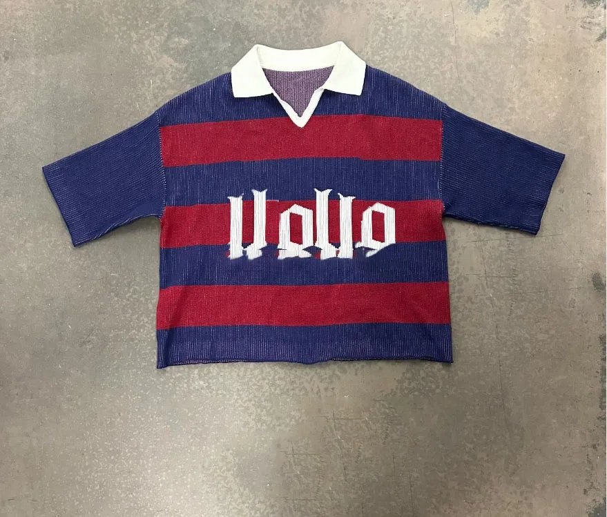 Men's Oversized V Neck Screen Printed Boxy Cropped Top Short Sleeve Knitted T-shirt Salati Manufacturer's Long Length Style gallery 7