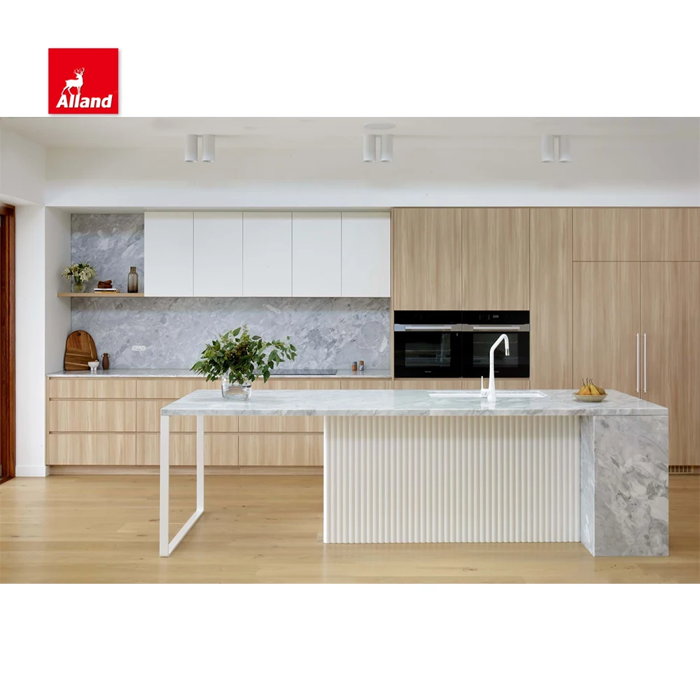 AllandCabinet Modern Design Timber Veneer Kitchen Cabinet and Fluted Panel Island Reeded Beaded Solid Wood Door Cabinets