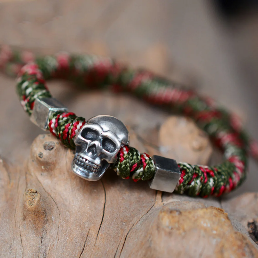 925 Sterling Silver Skull Bracelets Bangles Hand Braided Adjustable Rope  Bracelet Skeleton Charm Bracelet Men Jewelry