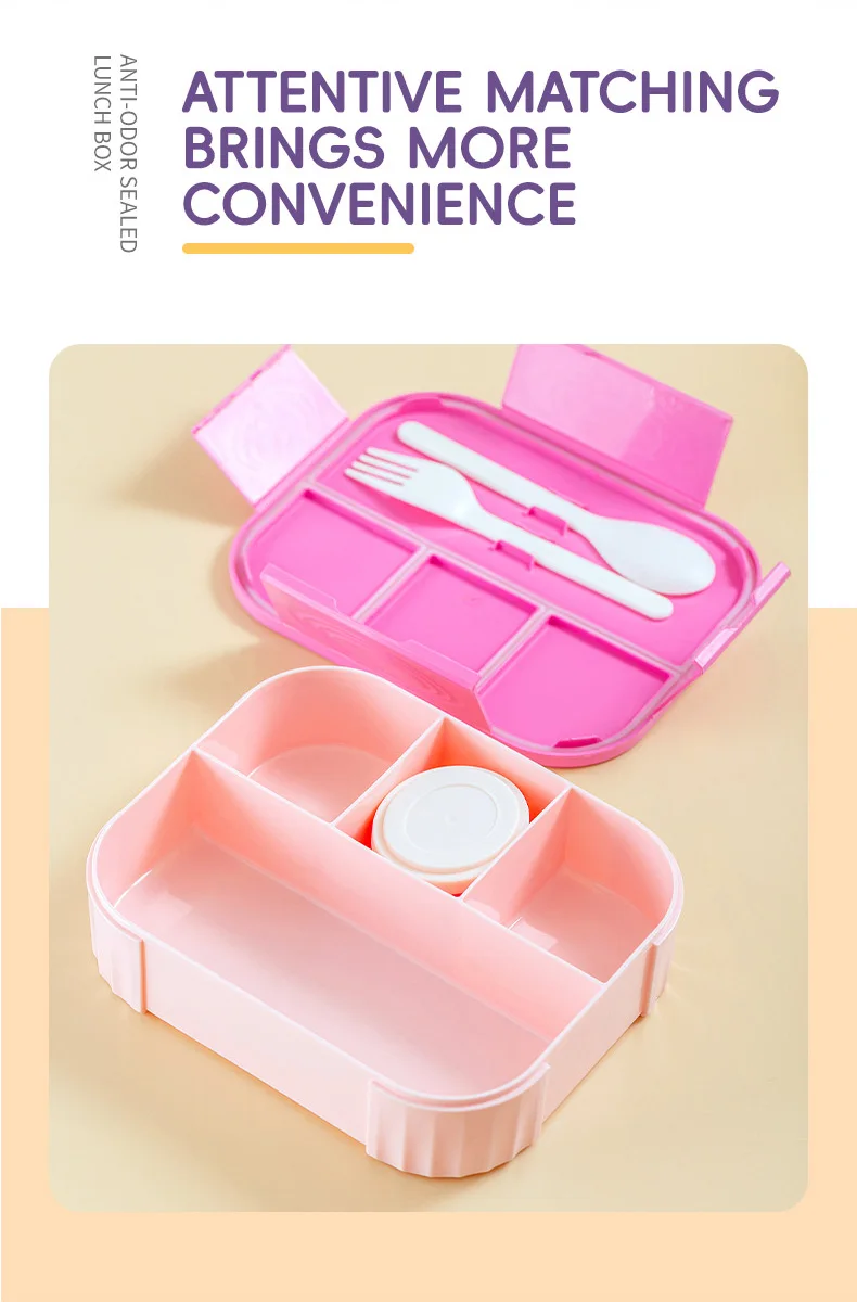 FDA LFGB CE CPC cartoon student kids 4 compartments leakproof plastic food grade lunch box with sauce box and cutlery 1200ml