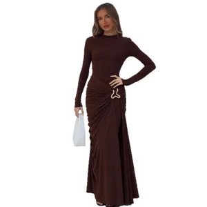 New Arrival Women's Vintage Elegant Maxi Dress Crew Neck Long Sleeve Creases Wrap Evening Dress with Metallic Decorative Buckle