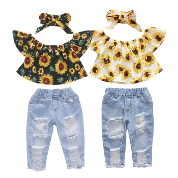 2021 Baby Girl 3Pcs Set Girls Off Shoulder Sunflower Print Top Ripped Denim Pants Headband Toddler Outfits Summer Kids Clothes