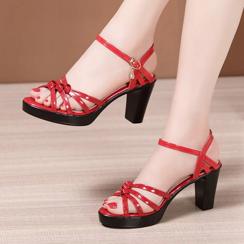 Ladies 8Cm Elegent Sandals Comfy Block Low Heel Ankle Strap Peep Toe Platform Chunky Wedge Heel Sandals Heeled Sandals for Women
