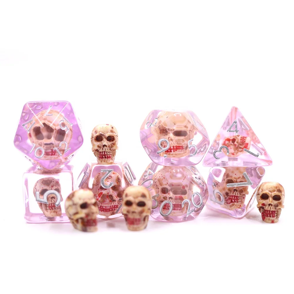 ست تاس Blood Skull 7 عددی سفارشی، فروش عمده، شفاف، تاس‌های DND با لبه نرم، متریال رزین، محصول جدید