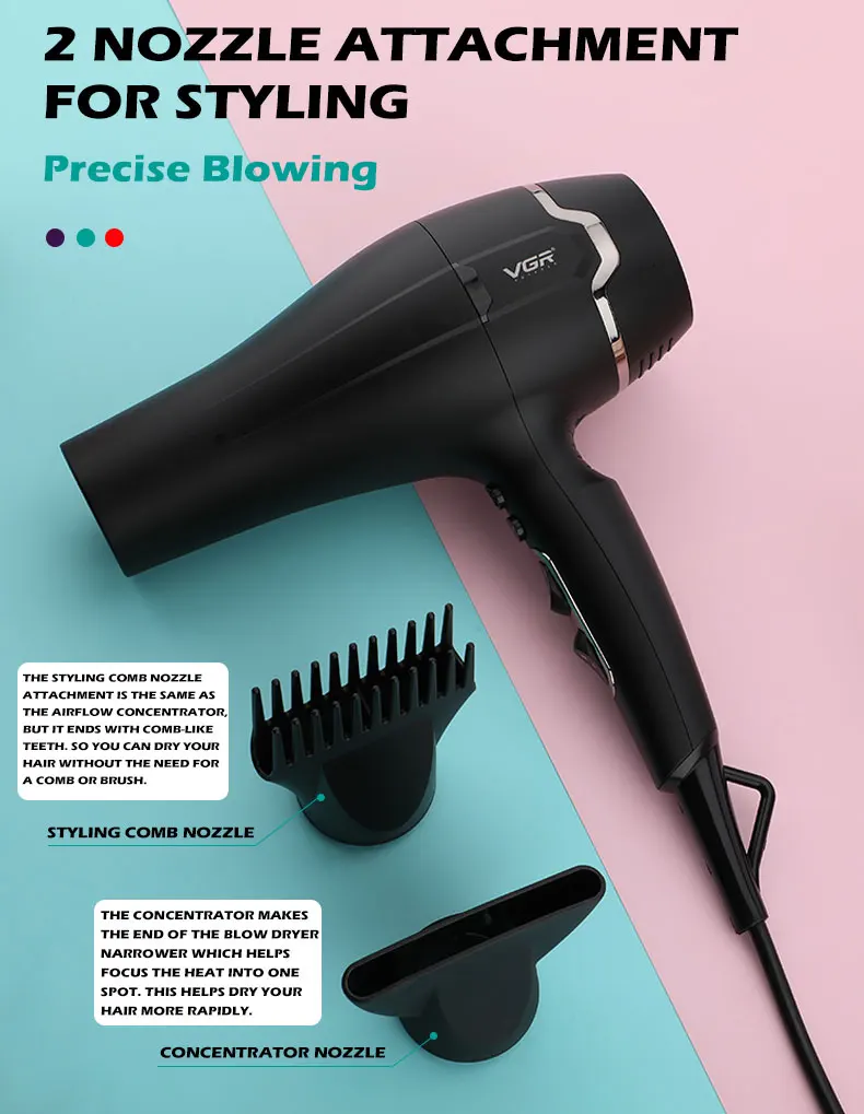 Description Picture 5 of itemVGR V-450 hair salon household hair dryer with high power and multi gear control for cold and hot air distribution nozzle hair d